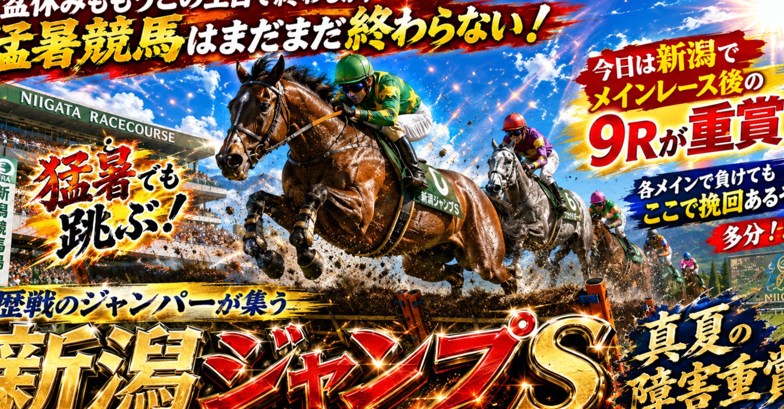 お盆休みももうこの土日で終わるが、猛暑競馬はまだまだ終わらない!今日は新潟でメインレース後の9Rが重賞!各メインで負けてもここで挽回あるぞ!多分!!!歴戦のジャンパーが集う新潟ジャンプS!!!