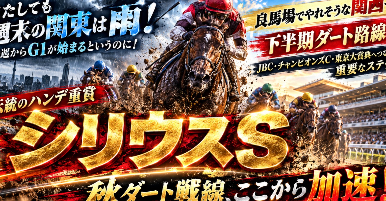またしても週末は雨!今週からG1が始まるというのに!良馬場でやれそうな関西では、下半期ダート路線、JBC、チャンピオンズC、東京大賞典へつながる重要なステップ、伝統のハンデ重賞、シリウスS!!!