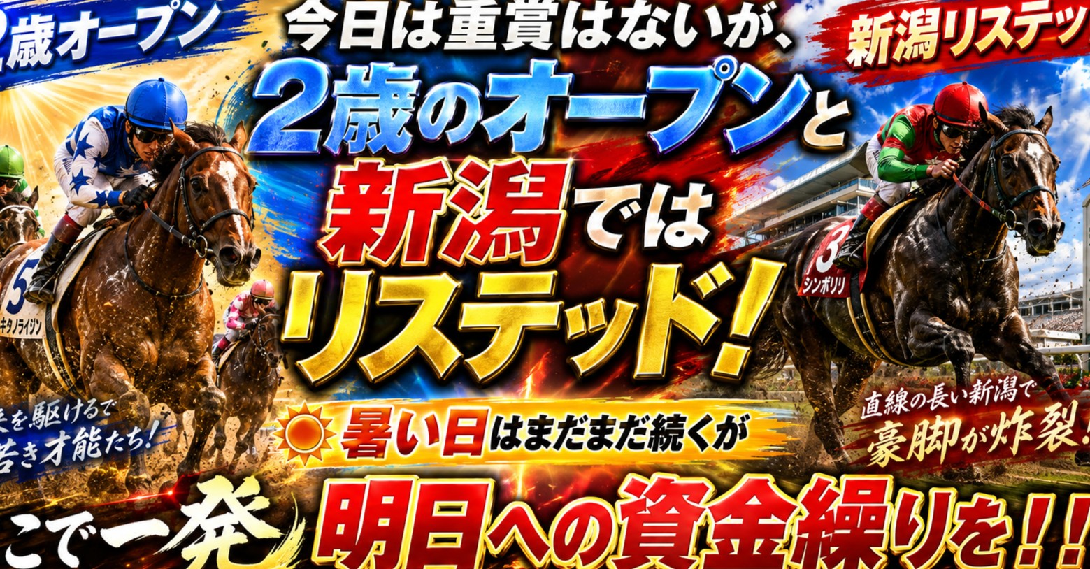 今日は重賞はないが、2歳のオープンと新潟ではリステッド!暑い日はまだまだ続くがここで一発明日への資金繰りを!!!
