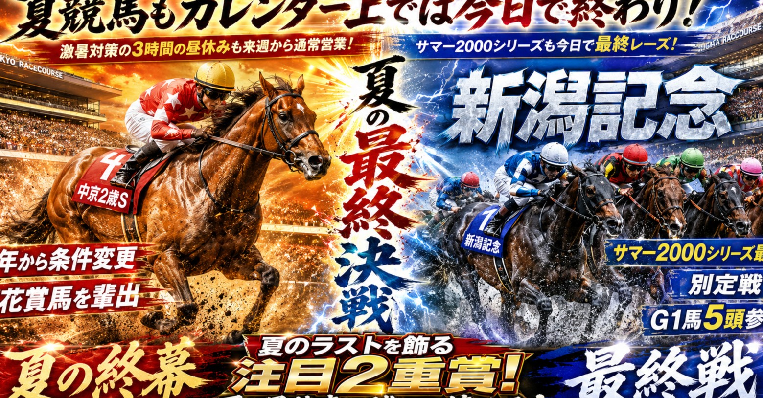 夏競馬もカレンダー上では今日で終わり！激暑対策の3時間の昼休みも来週から通常営業！そしてサマー2000シリーズも今日で最終レース！中京では小倉2歳Sから条件が変わった昨年、桜花賞馬を輩出した中京2歳S！新潟では別定戦になりG1馬が5頭も参戦、サマー2000シリーズ最終戦のみならず注目集まる新潟記念！！！
