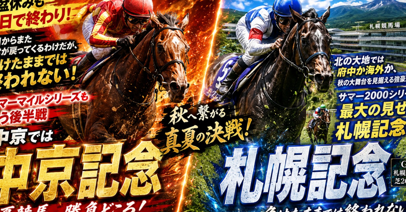 お盆休みも今日で終わり！明日からまた日常が戻ってくるわけだが、負けたままでは終われない！サマーマイルシリーズももう後半戦、中京では中京記念！北の大地では府中か海外か、秋の大舞台を見据える強豪が集ったサマー2000シリーズ最大の見せ場、札幌記念！！！