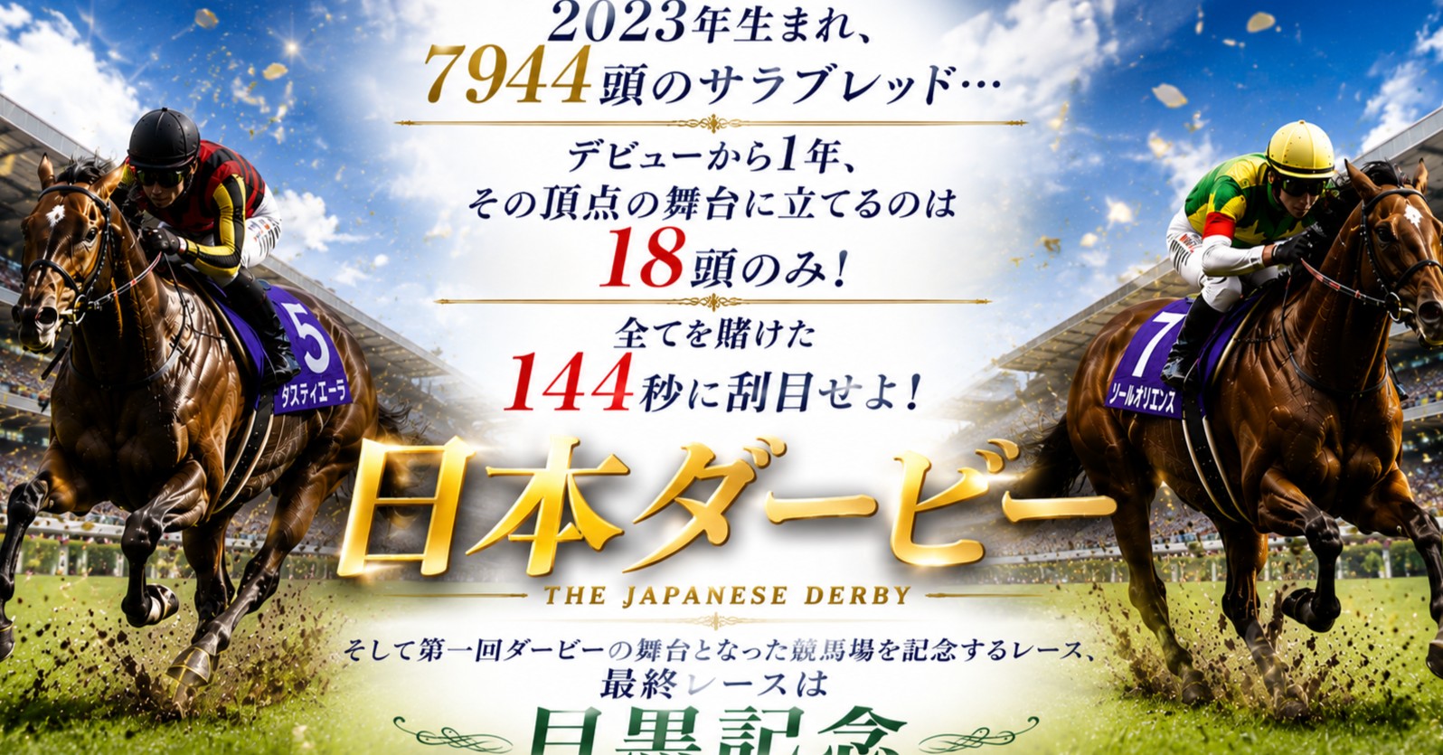2023年生まれ、7944頭のサラブレッド…デビューから1年、その頂点の舞台に立てるのは18頭のみ!全てを賭けた144秒に刮目せよ!日本ダービー!そして第一回ダービーの舞台となった競馬場を記念するレース、目黒記念も最終レースだ!!!