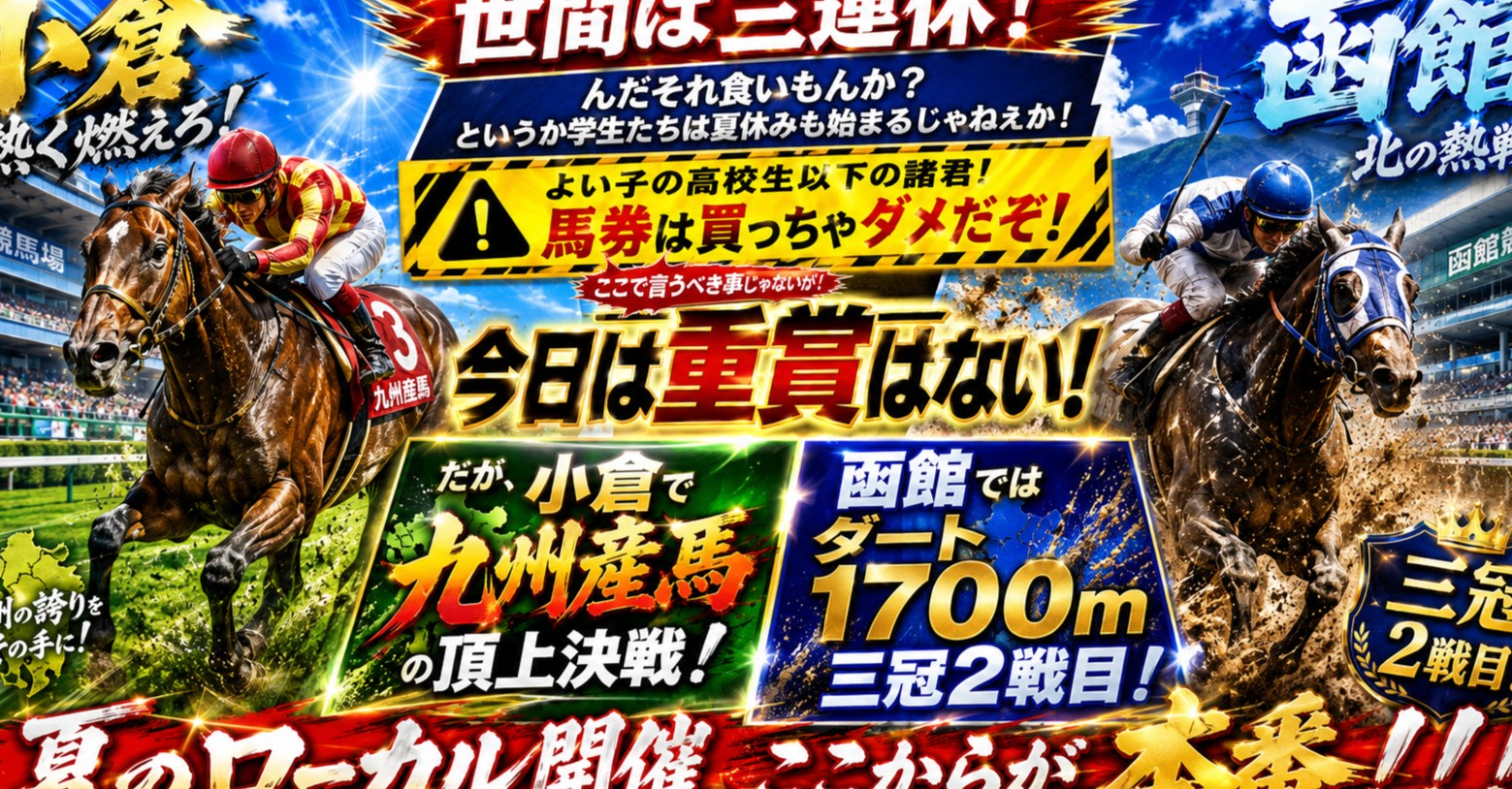 世間は三連休!んだそれ食いもんか?というか学生たちは夏休みも始まるじゃねえか!よい子の高校生以下の諸君!馬券は買っちゃダメだぞ!ここで言うべき事じゃないが!今日は重賞はないが、小倉で九州産馬の頂上決戦もあり、函館ではダート1700m三冠2戦目もある!!!