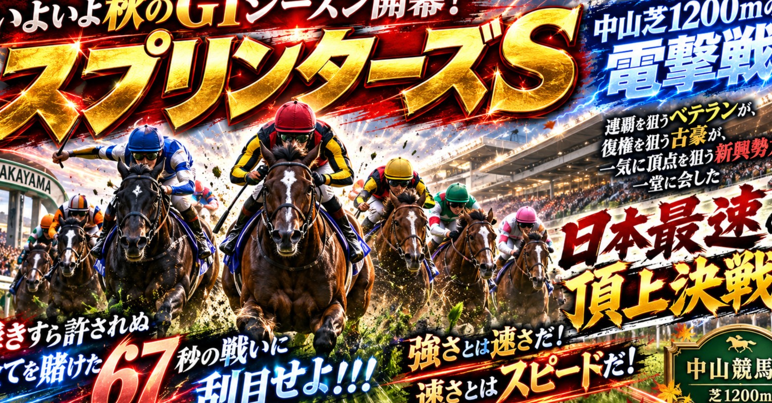 いよいよ秋のG1シーズン開幕!その初っ端を飾るのは、中山芝1200mの電撃戦!連覇を狙うベテランが、復権を狙う古豪が、一気に頂点を狙う新興勢力が一堂に会した、日本最速の頂上決戦!!瞬きすら許されぬ全てを賭けた67秒の戦いに刮目せよ!!!強さとは速さだ!速さとはスピードだ!スプリンターズS!!!