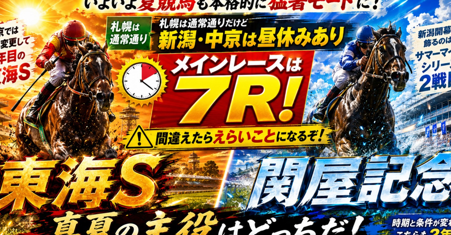 いよいよ夏競馬も本格的に猛暑モードに!札幌は通常通りだけど新潟、中京は昼休みがあるのでメインレースは7R!間違えたらえらいことになるぞ!そんな中京では名称変更して2年目の東海S、新潟開幕を飾るのはサマーマイルシリーズ2戦目、時期と条件が変わってこちらも2年目、関屋記念!!!