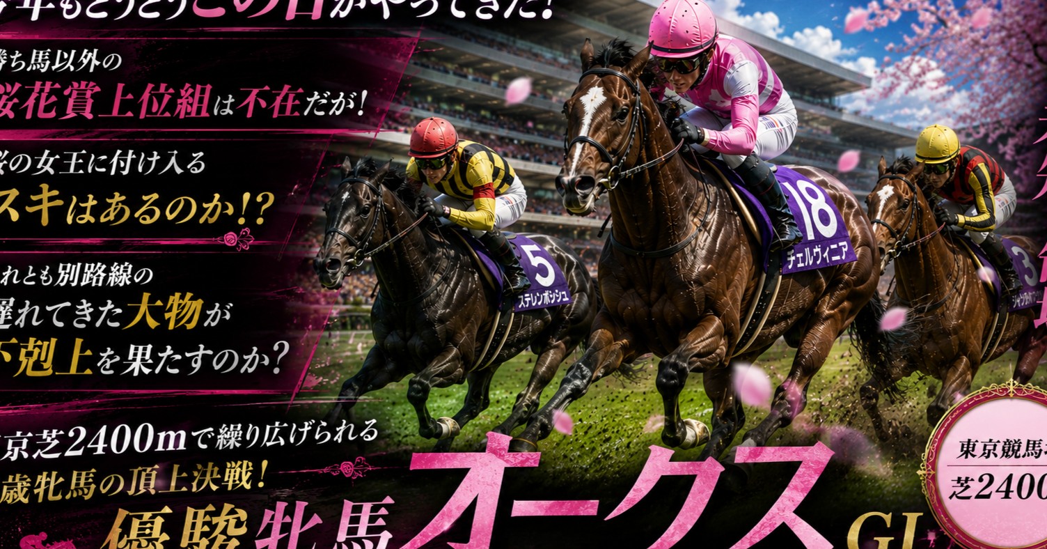 今年もとうとうこの日がやってきた!勝ち馬以外の桜花賞上位組は不在だが!桜の女王に付け入るスキはあるのか!?それとも別路線の遅れてきた大物が下剋上を果たすのか?誰しもが未知の領域、東京芝2400mで繰り広げられる3歳牝馬の頂上決戦!優駿牝馬、オークス!!!