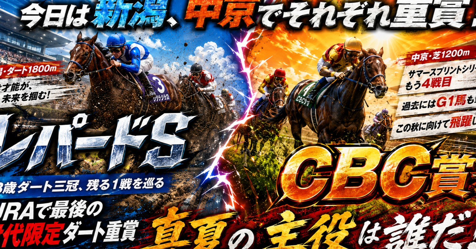 今日は新潟、中京でそれぞれ重賞！3歳ダート三冠、残る1戦を巡るJRAで最後の世代限定ダート重賞、レパードSとサマースプリントシリーズももう4戦目、過去にはG1馬も輩出、この秋に向けて飛躍したいCBC賞！！！