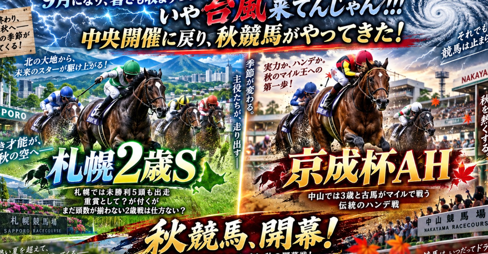 9月になり、暑さも収まりつつ…いや台風来てんじゃん！！！中央開催に戻り、秋競馬がやってきた！札幌では未勝利5頭も出走、重賞として？が付くがまだ頭数が揃わない2歳戦は仕方ない？札幌2歳Sと中山では3歳と古馬がマイルで戦う伝統のハンデ戦、京成杯AH！！！