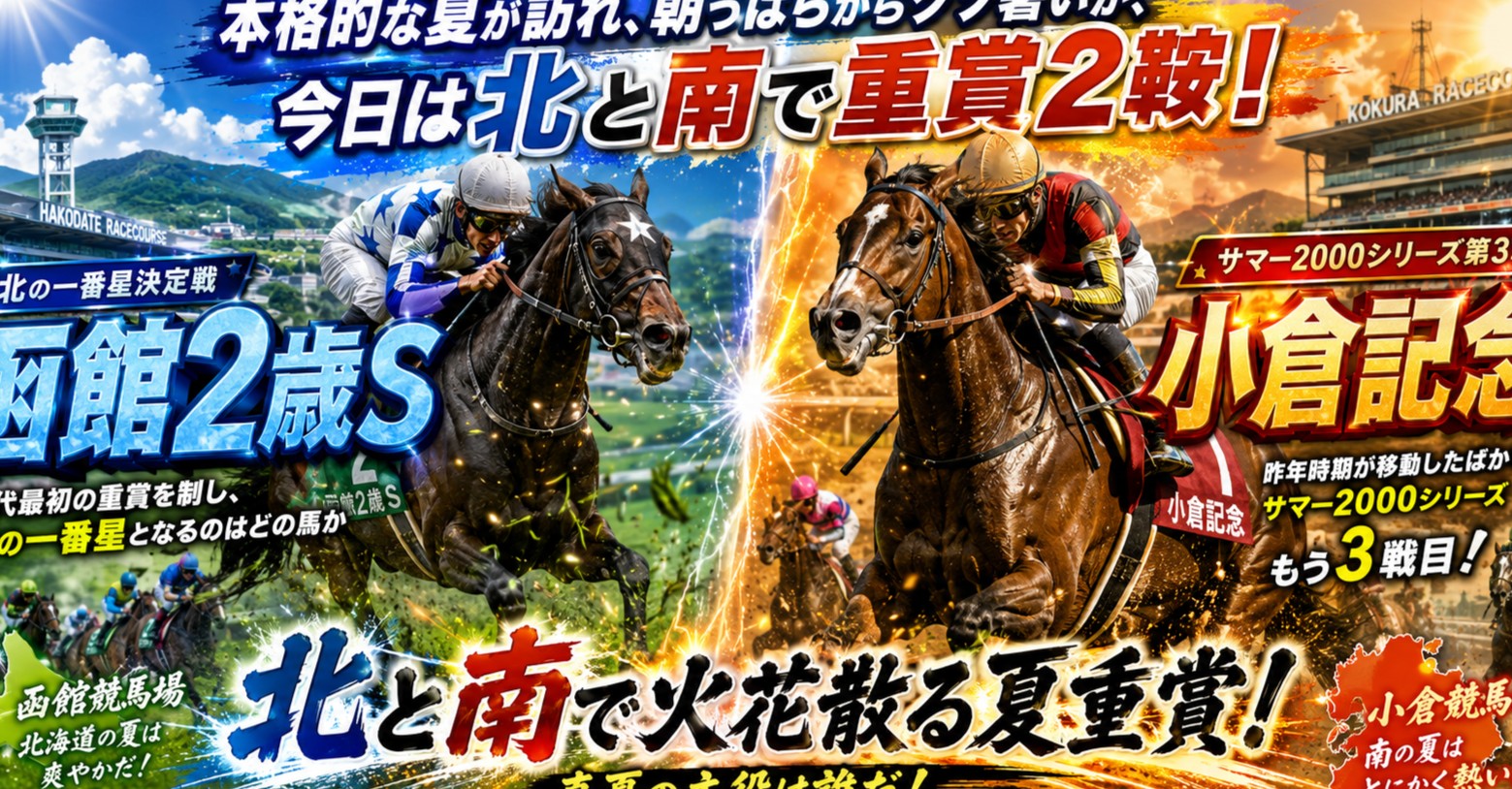 本格的な夏が訪れ、朝っぱらからクソ暑いが、今日は北と南で重賞2鞍!世代最初の重賞を制し、北の一番星となるのはどの馬か、函館2歳Sと昨年時期が移動したばかりのサマー2000シリーズももう3戦目!小倉記念!!!